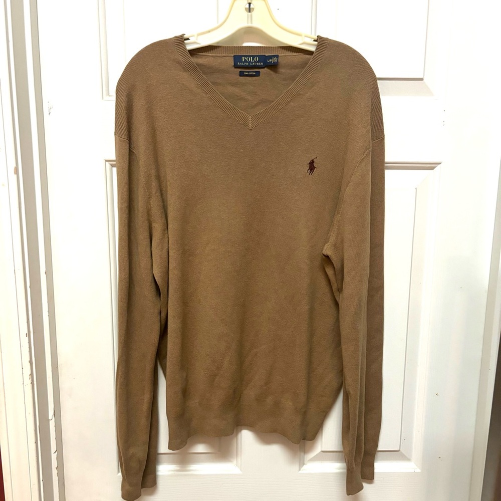 Polo Ralph Lauren Sweater Mens Large Tan V Neck Long Sleeve 100% Pima Cotton